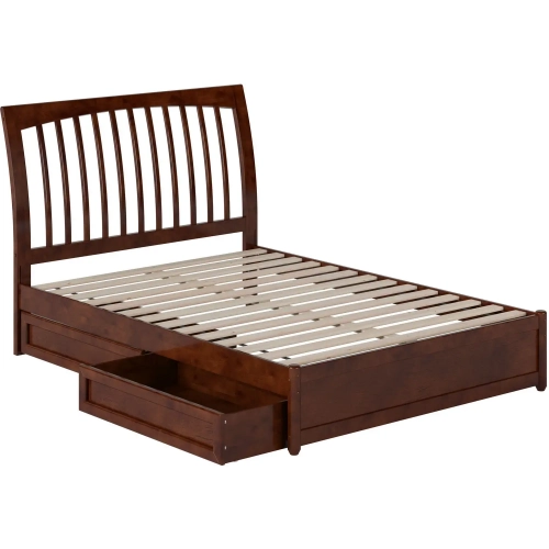 Roslyn Full Platform Bed with Panel Footboard, Drawers & Charging in Walnut Finish