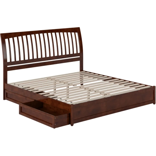 Roslyn King Platform Bed with Panel Footboard, Drawers & Charging in Walnut Finish