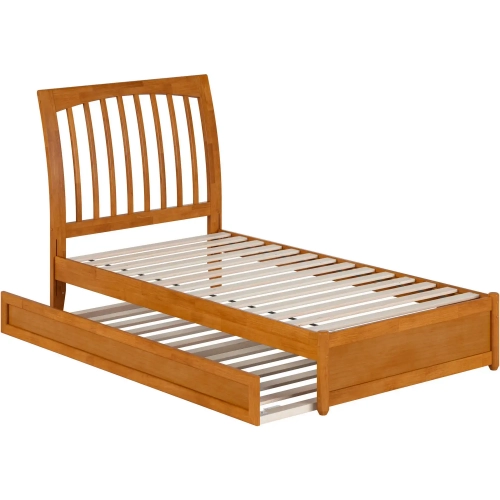 Roslyn Twin Platform Bed with Panel Footboard, Twin Trundle & Charging in Light Toffee