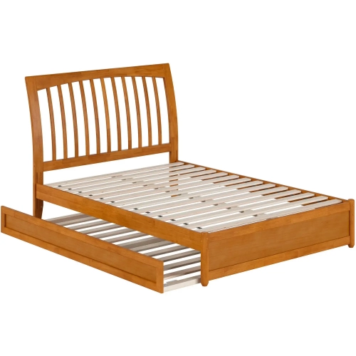 Roslyn Full Platform Bed with Panel Footboard, Twin Trundle & Charging in Light Toffee