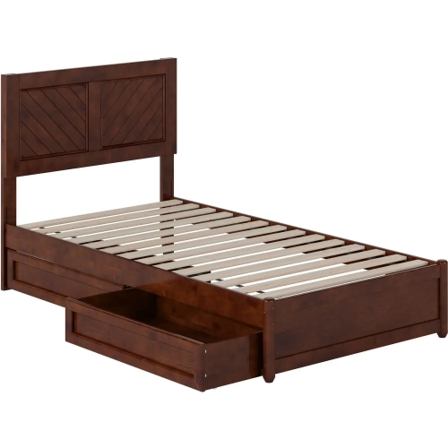 Clayton Twin Platform Bed with Panel Footboard, Drawers & Charging in Walnut Finish