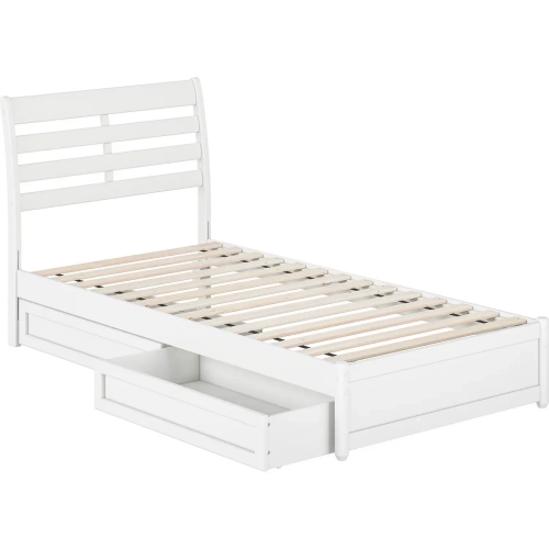 Emelie Twin XL Platform Bed with Panel Footboard, Drawers & Charging in White