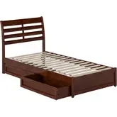 Emelie Twin XL Platform Bed with Panel Footboard, Drawers & Charging in Walnut Finish