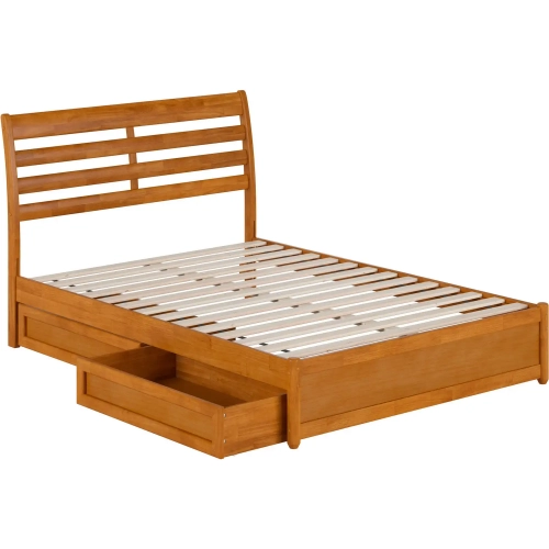 Emelie Full Platform Bed with Panel Footboard, Drawers & Charging in Light Toffee