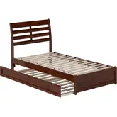 Emelie Twin Platform Bed with Panel Footboard, Twin Trundle & Charging in Walnut Finish