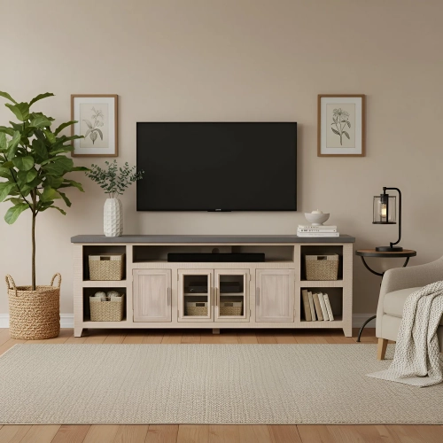 Camden 92.75" TV Stand Console in Driftwood Finish with Slate Top