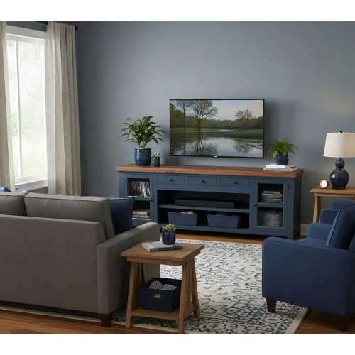 Harbor Bay TV Stand Console in Midnight Blue & Walnut Finish