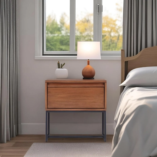 Levi Nightstand in Teak Brown Finish Wood & Metal
