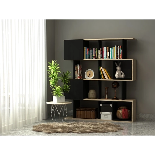 Alliance Geometric Bookcase in Black and Beige Natural Wood Color