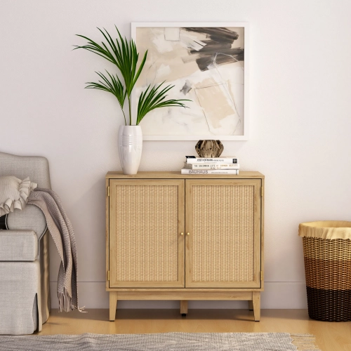 Bodrum 31" Tall 2 Door Accent Cabinet in Beaufort Oak Paper Foil & PE Rattan