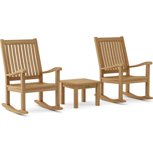 Del-Amo & Bahama Outdoor 3-Piece Rocking Chair Set with Square Side Table in Honey Teak