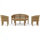 Curve Outdoor 4-Piece Bench Set in Honey Golden Brown Teak