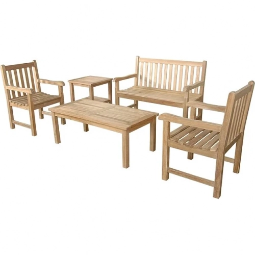 Classic Outdoor 5-Piece 2-Seater Bench Conversation Set in Honey Golden Brown Teak