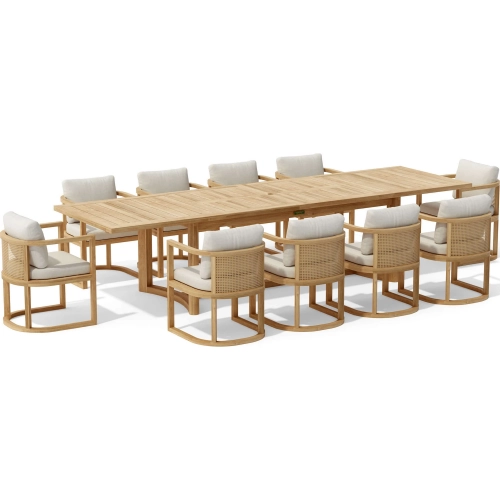 Junus Outdoor 11-Piece Extension Dining Set in Teak, Synthetic Rattan & Cushion