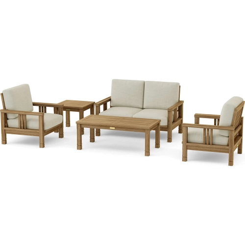 SouthBay Outdoor 5-Piece Deep Seating Loveseat Set in Honey Teak & Cushion