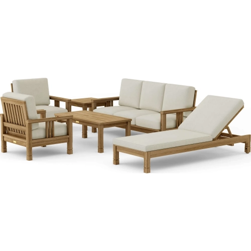 SouthBay Outdoor 6-Piece Deep Seating Sofa Set with Sun Lounger in Honey Teak & Cushion
