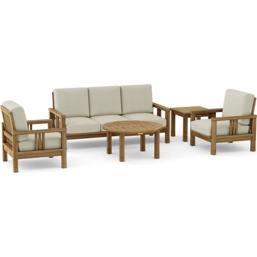 SouthBay Outdoor 5-Piece Deep Seating Sofa Set with Round Coffee Table in Honey Teak & Cushion