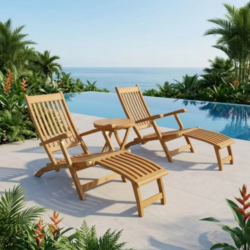 Tropicana & Montage Outdoor 3-Piece Steamer Sun Lounger Set in Teak