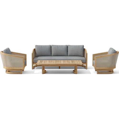 Catania Outdoor 4-Piece Deep Seating Swivel Chair Set in Teak, Synthetic Rattan & Cushion
