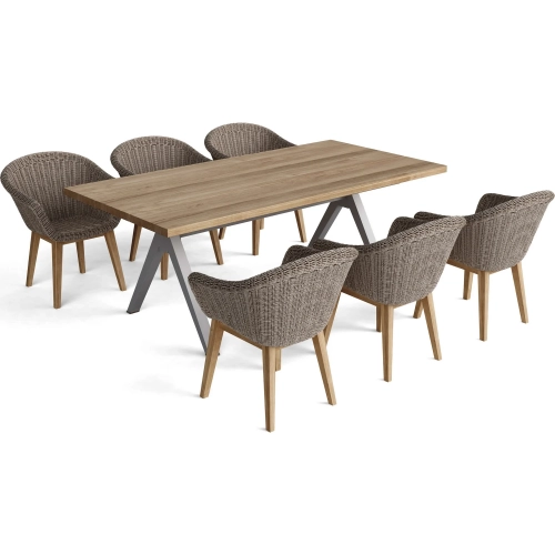 Alura Padua Outdoor 7-Piece Dining Set in Teak, Gray Aluminum & Poly Wicker