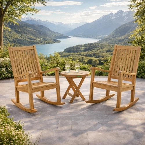 Del-Amo & Bahama Outdoor 3-Piece Rocking Chair Set with Round Folding Table in Honey Teak