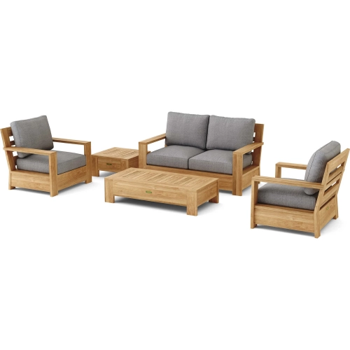 Madera Outdoor 5-Piece Deep Seating Loveseat Set in Honey Teak & Cushion