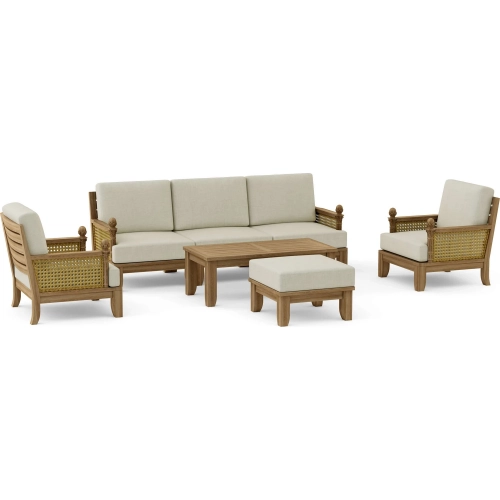Luxe Outdoor 6-Piece Deep Seating Modular Sofa Set in Teak, Rattan & Cushion