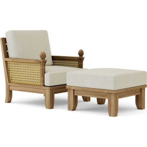Luxe Outdoor 2-Piece Accent Chair & Ottoman Set in Teak, Synthetic Rattan & Cushion