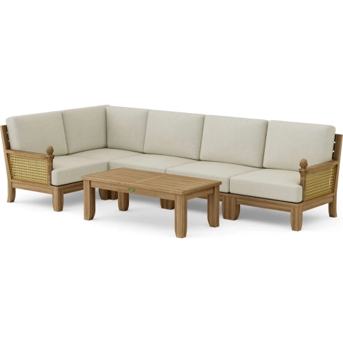 Luxe Outdoor 6-Piece Modular Sectional Sofa with Coffee Table in Teak, Rattan & Cushion