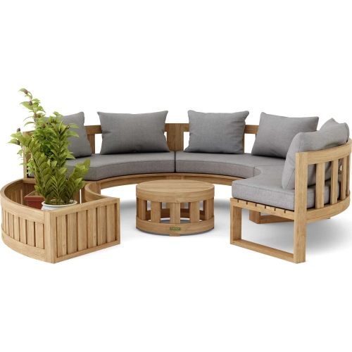 Circular Outdoor 5-Piece Modular Curved Bench, Planter & Coffee Table Set in Teak & Cushion