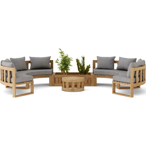Circular Outdoor 6-Piece Modular Curved Bench, Planter & Coffee Table Set in Teak & Cushion