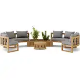 Circular Outdoor 6-Piece Modular Curved Bench, Planter & Coffee Table Set in Teak & Cushion