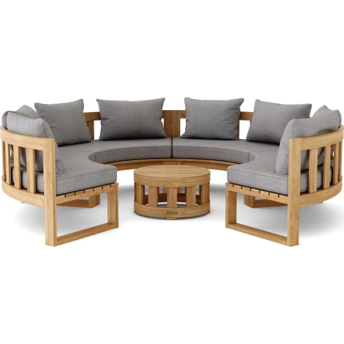 Circular Outdoor 5-Piece Modular Curved Bench & Coffee Table Set in Teak & Cushion