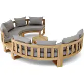 Circular Outdoor 6-Piece Modular Curved Bench, Side Table & Coffee Table Set in Teak & Cushion