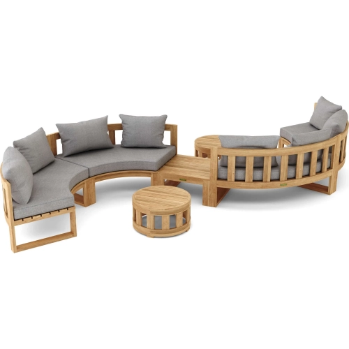Circular Outdoor 7-Piece Modular Deep Seating Bench Set in Teak & Cushion