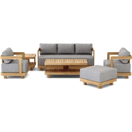Granada Outdoor 6-Piece Sofa, Armchair, Ottoman, Coffee & Side Table Set in Honey Golden Teak & Cush