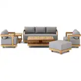 Granada Outdoor 6-Piece Sofa, Armchair, Ottoman, Coffee & Side Table Set in Honey Golden Teak & Cush