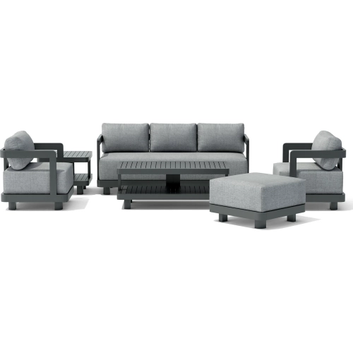Granada Outdoor 6-Piece Sofa, Armchair, Ottoman, Coffee & Side Table Set in Dark Gray Aluminum & Cus