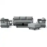 Granada Outdoor 6-Piece Sofa, Armchair, Ottoman, Coffee & Side Table Set in Dark Gray Aluminum & Cus