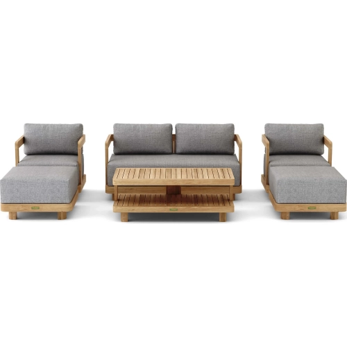 Granada Outdoor 6-Piece Loveseat, Armchair, Ottoman & Coffee Table Set in Honey Golden Teak & Cushio