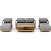 Granada Outdoor 6-Piece Loveseat, Armchair, Ottoman & Coffee Table Set in Honey Golden Teak & Cushio