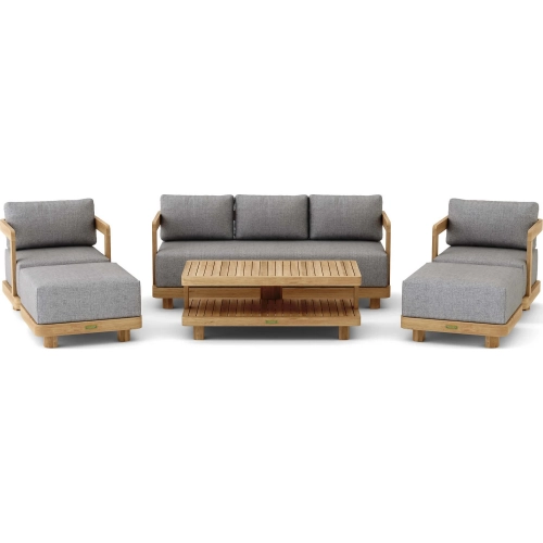 Granada Outdoor 6-Piece Sofa, Armchair, Ottoman & Coffee Table Set in Honey Golden Teak & Cushion