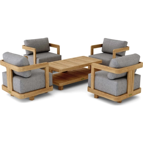 Granada Outdoor 5-Piece Swivel Armchair & Coffee Table Set in Honey Golden Teak & Cushion