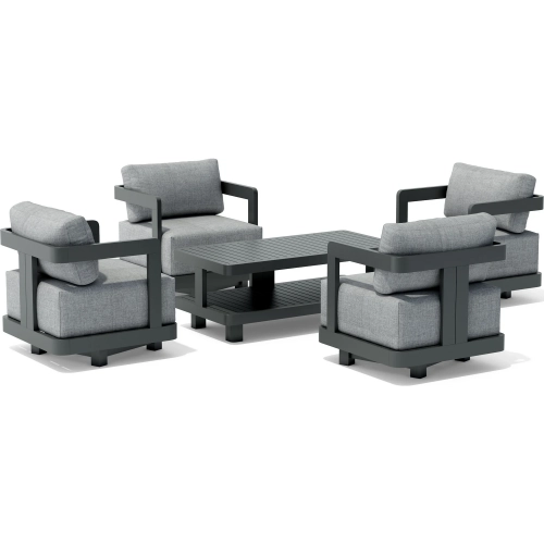 Granada Outdoor 5-Piece Swivel Armchair & Coffee Table Set in Dark Gray Aluminum & Cushion