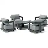 Granada Outdoor 5-Piece Swivel Armchair & Coffee Table Set in Dark Gray Aluminum & Cushion