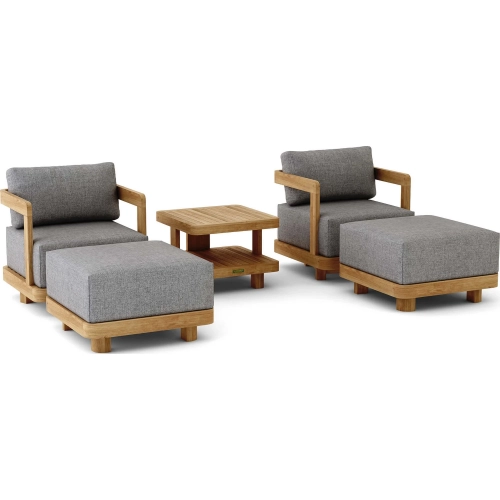 Granada Outdoor 5-Piece Swivel Armchair, Ottoman & Side Table Set in Honey Golden Teak & Cushion
