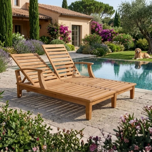 Brianna Double Sun Lounger with Arm in Honey Golden Brown Teak