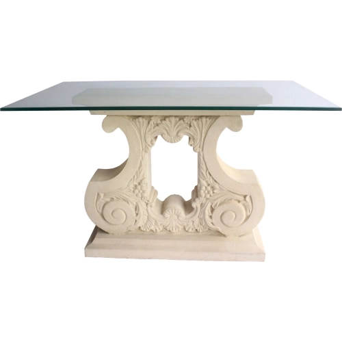 Elysees Outdoor 47" Dining Entry Table in Antique Beige Cast Limestone & Glass