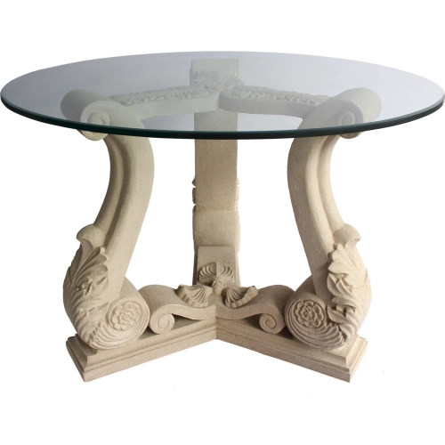Fleur Outdoor 42" Dining Table in Antique Beige Cast Limestone & Glass