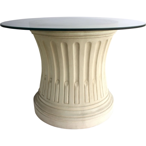 Louis XVI Outdoor 42" Fluted Dining Table in Beige Cast Limestone & Glass